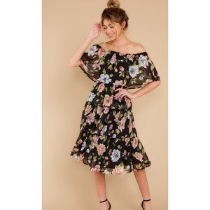 Off Shoulder Midi Black Floral Dress